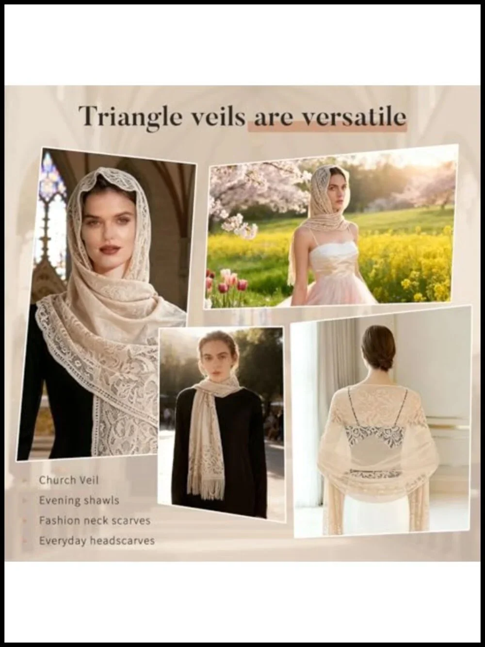 Lace Veil Scarf for Church Prayer Wedding Bridal Mantilla Long Wrap Shawl